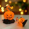 Halloween Decorative Light Up Pumpkin Figurine with Bat and Tombstone Design for Indoor Outdoor Party Table Centerpiece