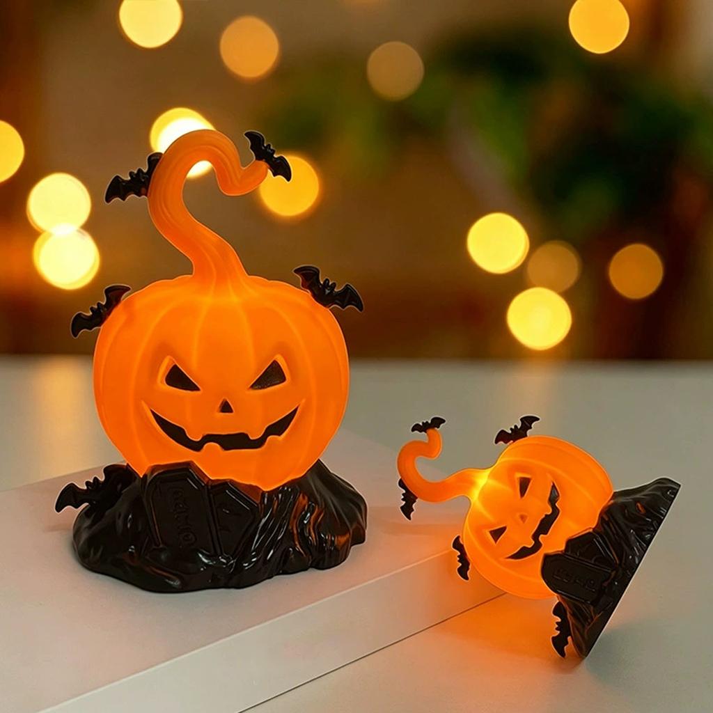 Halloween Decorative Light Up Pumpkin Figurine with Bat and Tombstone Design for Indoor Outdoor Party Table Centerpiece