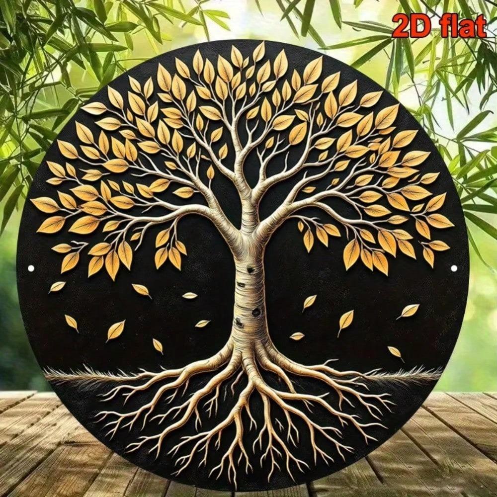 Albero della Vita Foglia d'Oro Rotondo Metallo Arte da Parete 8 Pollici Piastra in Alluminio Nero Per Decorazione Casa Ufficio