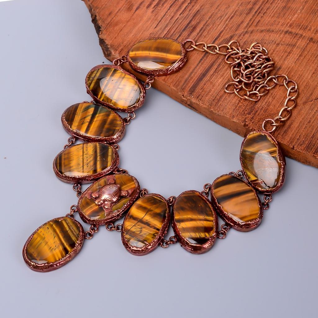 Oval Natural Tiger Eye Copper Chain Electroformed Sisters Gift Necklace Jewelry V-87