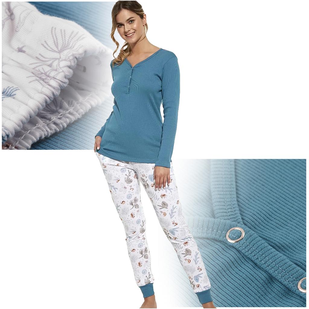 Cornette Piżama Damska Długi Rękaw Spodnie Niebieska Bawełna Rozmiar