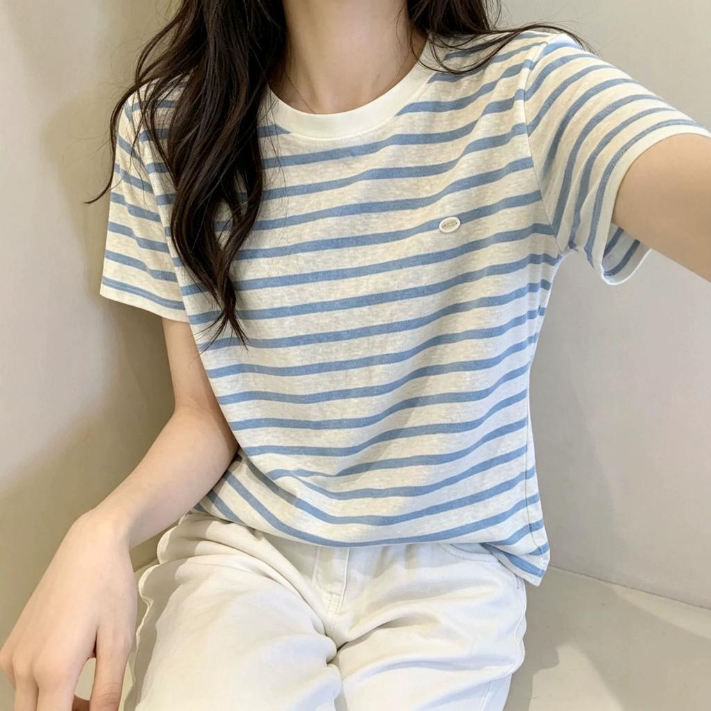 Korean blue striped short-sleeved t-shirt women's summer new loose and thin simple niche casual top A