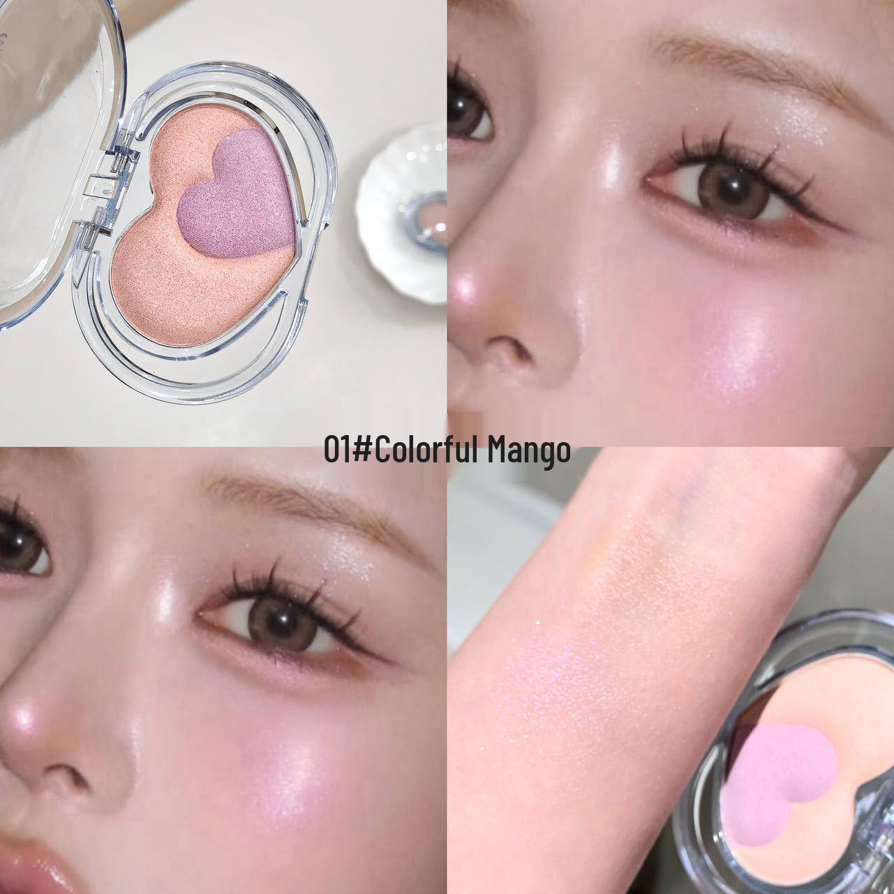 Kakashow Dual-Color Heart Highlighter: Natural Sculpting Pearlescent Brighten Contour & Blush Palette
