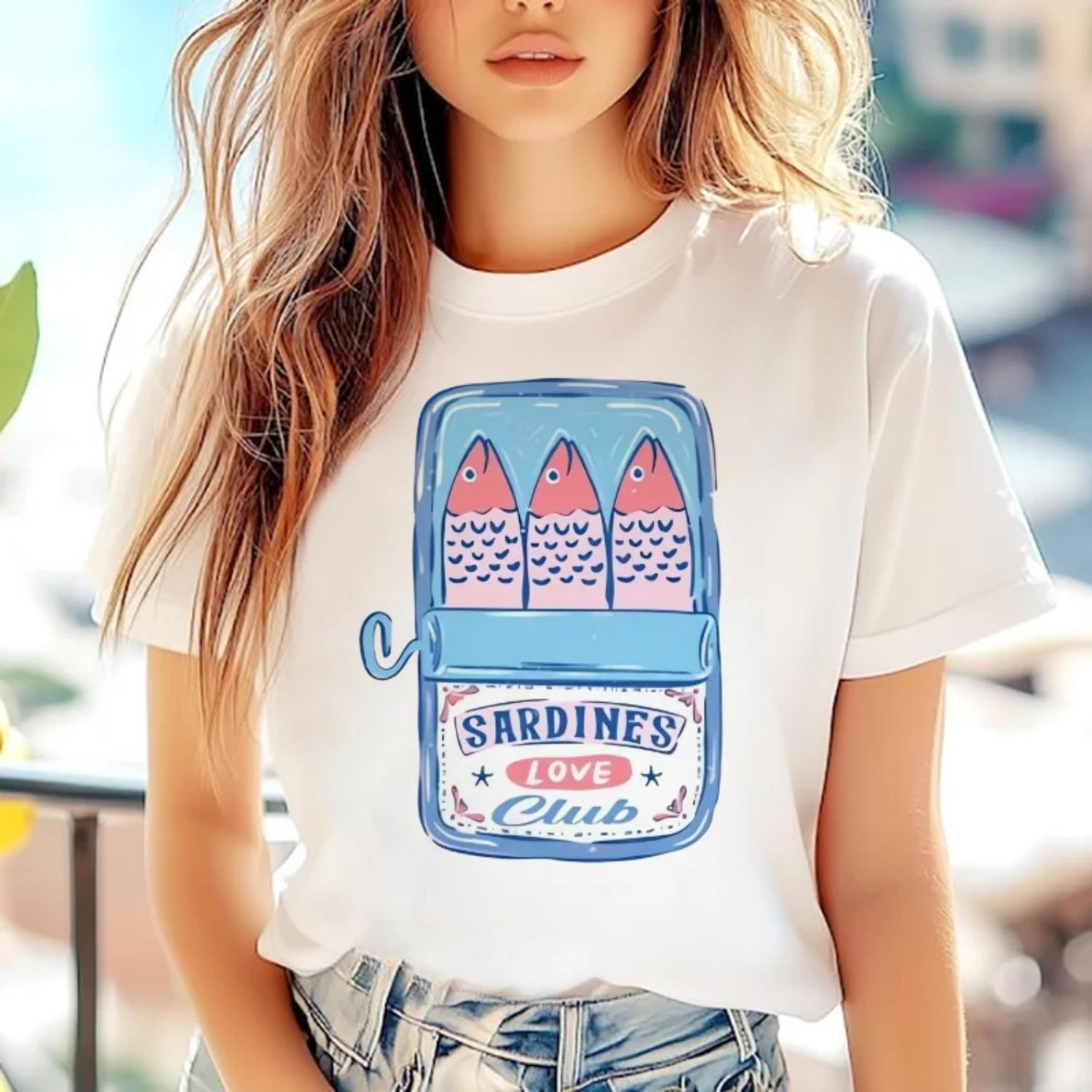 

Printed T-Shirt Cute Sardine Lover Cartoon Short Sleeve Fashion Summer Basic T-Shirt Fashion Pattern Women s Clothing Travel Top XXXXXL білий