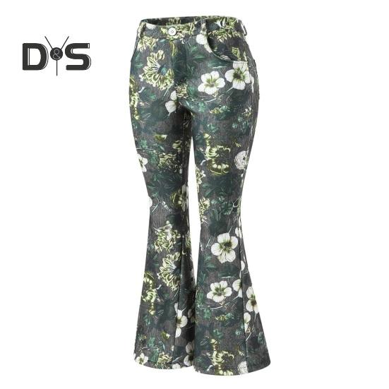 Women Denim Pants High-Waisted Floral Print Flared Jeans with Pockets Belt Ring Lightweight Breathable Jeans