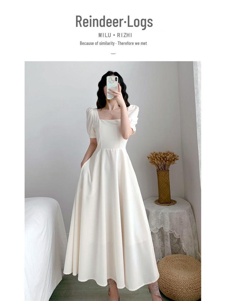 Hepburn Style Puff Sleeve White Dress: Square Collar, Slim Waist, Knee-Length, Summer Temperament