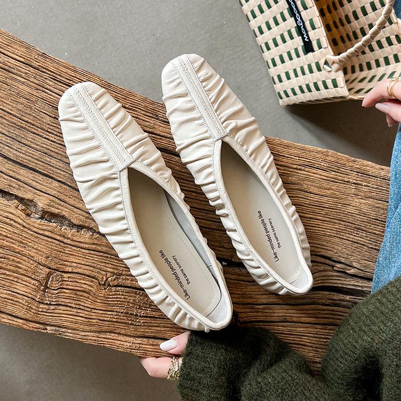Fashion 2025 New Spring Women Flats Genuine Leather Shoes for Women Fashion Shallow Square Toe Women Pleated Ladies Shoes