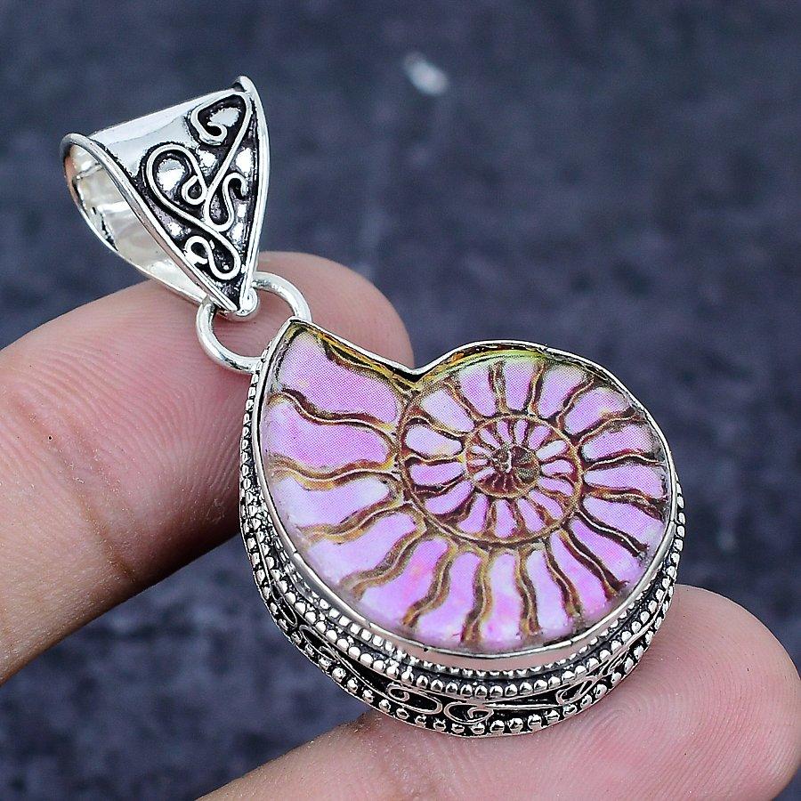 Natural Ammonite Fossil Gemstone 925 Sterling Silver Jewelry Pendant 1.89" M1b20