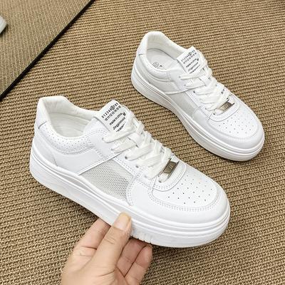 Thick-soled Heightened White Shoes Women's  Spring New Real Soft Leather Mesh Breathable All-match Casual Sports Shoes