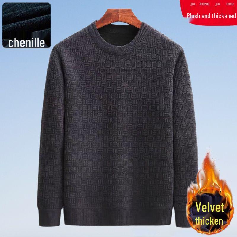 40-60 Men s Chenille Sweater: Warm, Round Neck, Plus Velvet, Thick Base Layer for Autumn & Winter 3XL (175-185 lbs)
