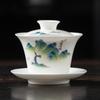 Light luxury imitation hand-painted suet jade porcelain Sancai cover bowl Kung Fu tea set single tea cup tea bowl pure handmade boutique