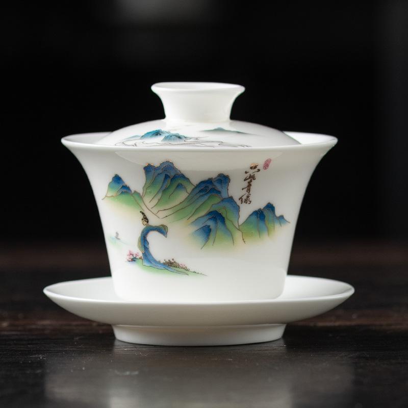 Light luxury imitation hand-painted suet jade porcelain Sancai cover bowl Kung Fu tea set single tea cup tea bowl pure handmade boutique
