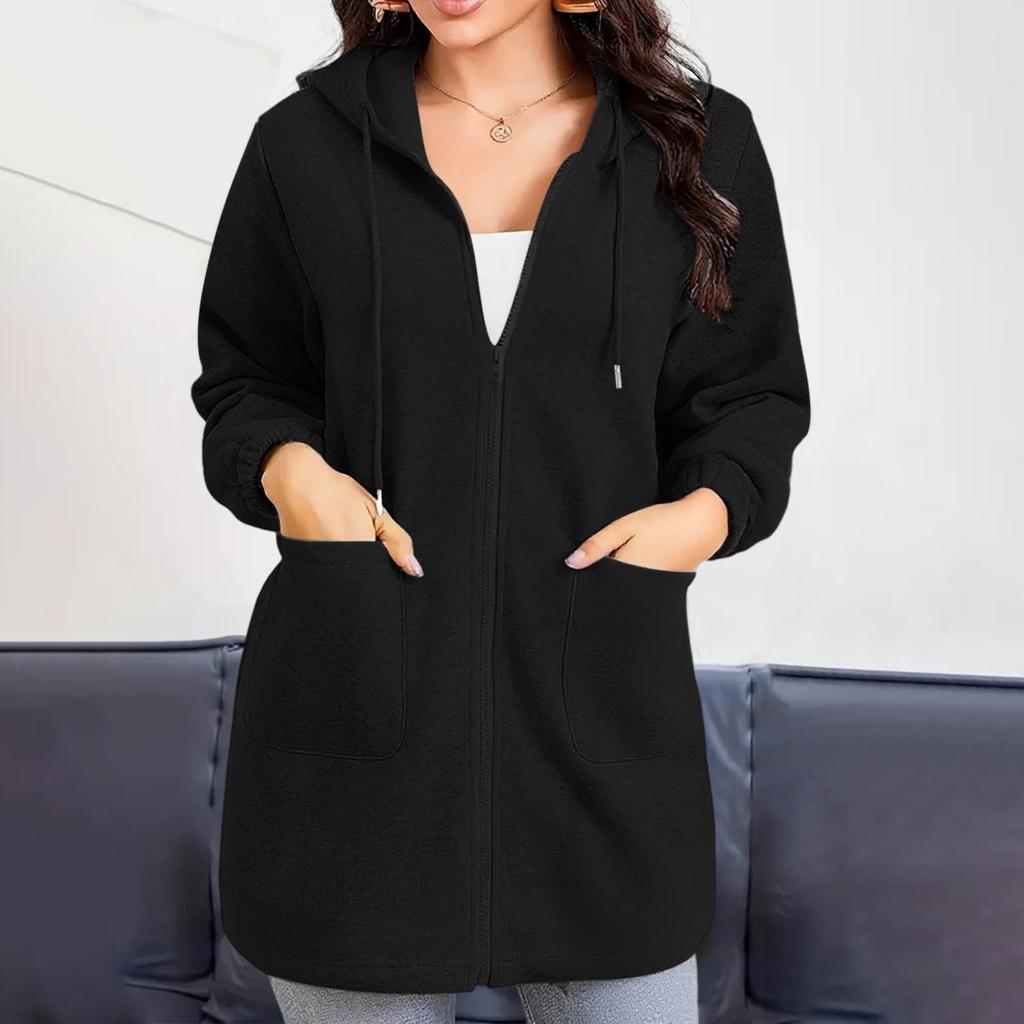 2025 Women's European & American Casual Hooded Long Jacket with Zip Pockets