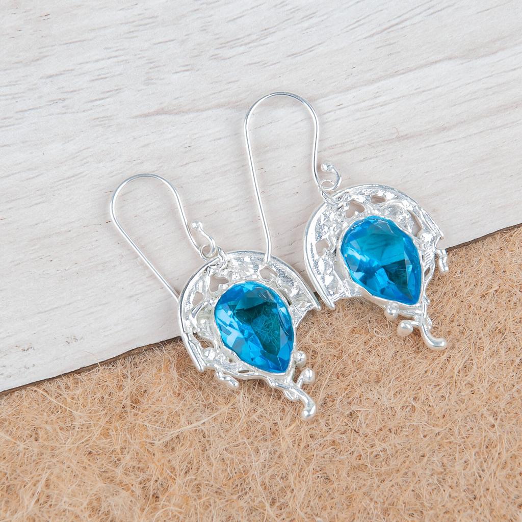 Swiss Blue Topaz Gemstone 925 Sterling Silver Jewelry Handmade Women Earrings CE-5-7
