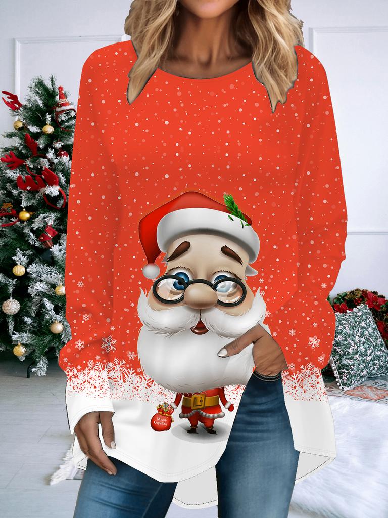 Kobiety Plus Size Wiosna Boże Narodzenie Nadrukowana Wygodna Koszulka z Długim Rękawem Okrągły Dekolt Casualowa Luźna Średniej Długości T-shirt Top