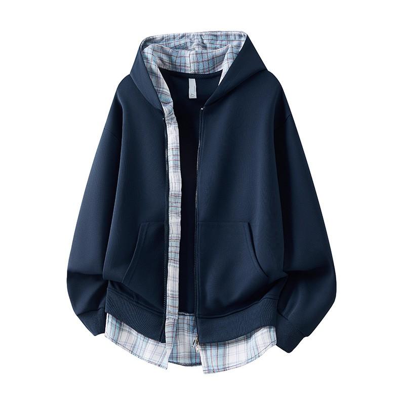 Unisex Kareli Kapüşonlu Fermuarlı Sweatshirt Sahte İki Parça Oversize Günlük Kazak