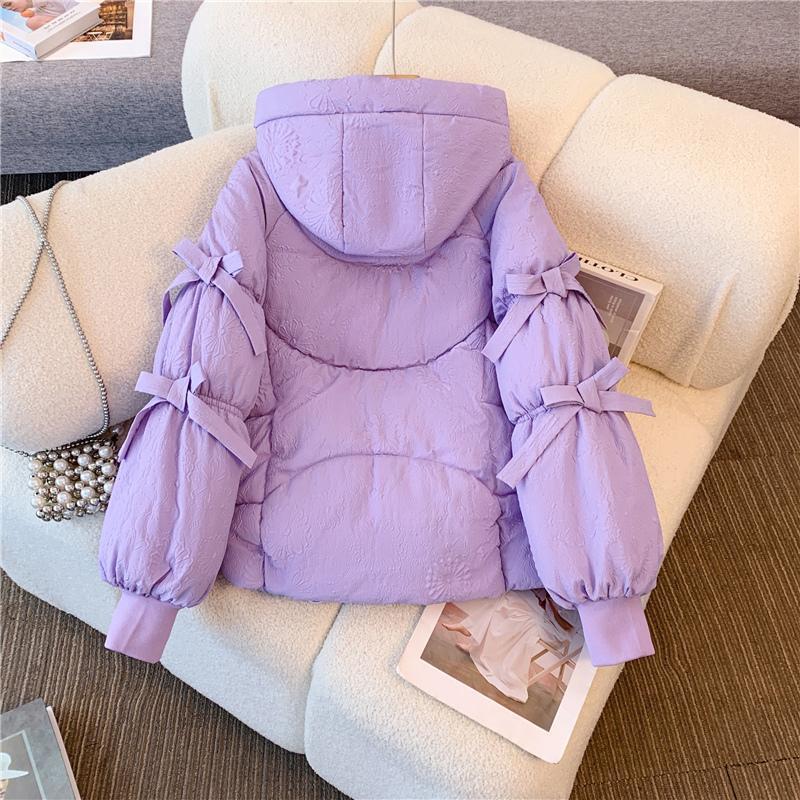 

Зимнее короткое милое толстое пальто с капюшоном женское свободное с бантом в корейском стиле хлопковая куртка XXL фиолетовый