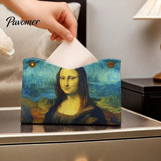 Decorative Paper Dispenser Leather Tissue Box Cover, Foldable Desktop Organizer, Oil Painting Style Napkin Holder Case, Space Saving Organizer Facial