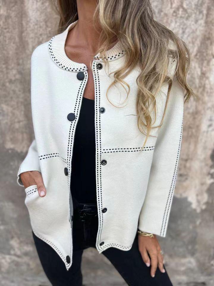 2025 Autumn/Winter Striped Loose Button-Up Round Neck Sweater Cardigan