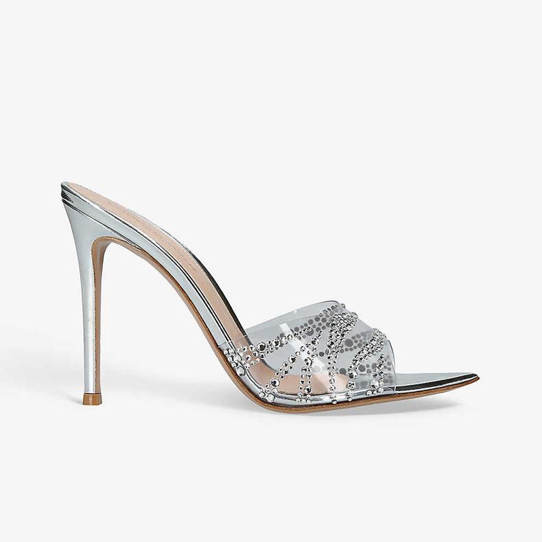 Customized Summer European and American Style Fashionable Transparent Rhinestone High-heeled Slippers Thin Heel Pointed One Pedal High-heeled Sandals