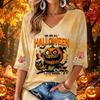 Women's V-Neck Three-Quarter Sleeve Casual Top with Halloween Print