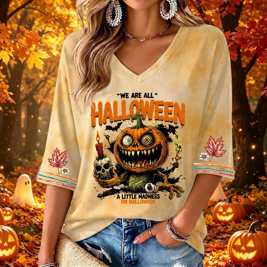 Women's V-Neck Three-Quarter Sleeve Casual Top with Halloween Print
