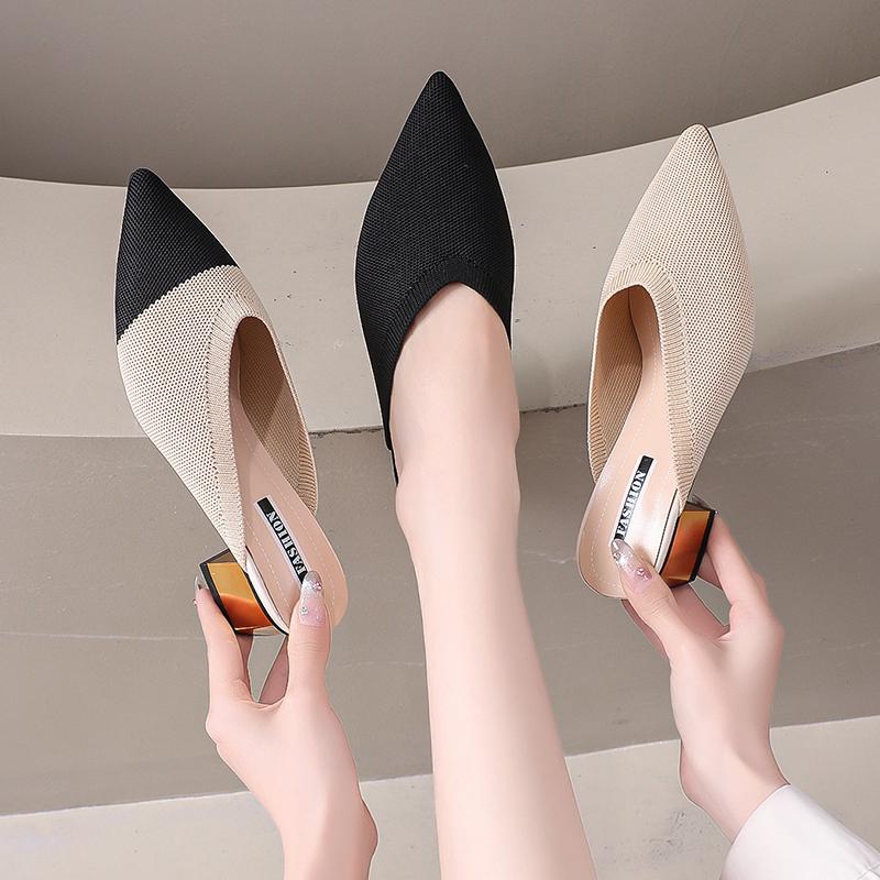Summer Autumn Popular Woman Fashion Pointed Toe Knitted Elastic Retro Wrap Head Half Slippers Versatile Thick Heel Cool Slippers