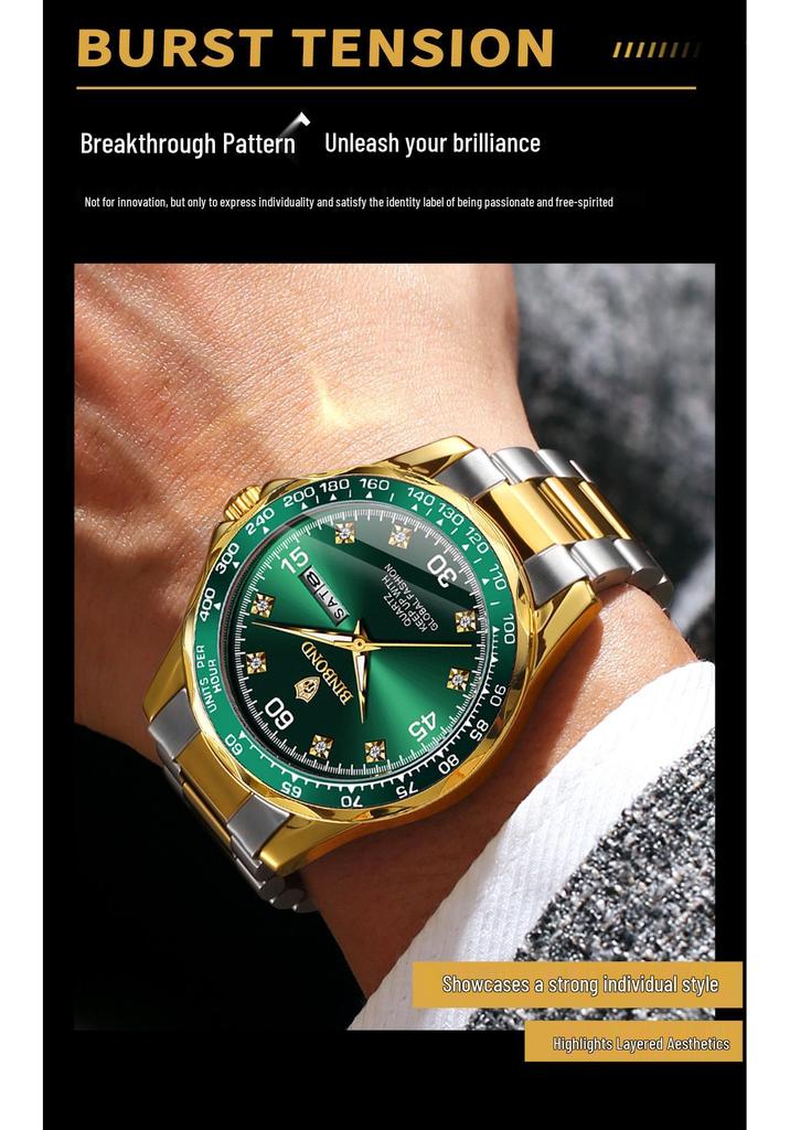 Binbang Men's Green Submariner Quartz Watch, Double Calendar, Steel Band, Business Waterproof.