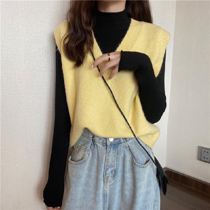 Damen Strick V-Ausschnitt Ärmelloser Pullover Weste - Lockere Passform, Unifarbe für Frühling und Herbst.