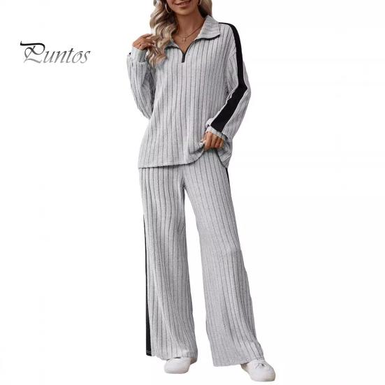 

2 шт./комплект женский топ и брюки комплект с застежкой-молнией и воротником-стойкой, длинные рукава, однотонная толстовка с эластичной резинкой на талии, широкие спортивные штаны, спортивный наряд на осень 3XL серый