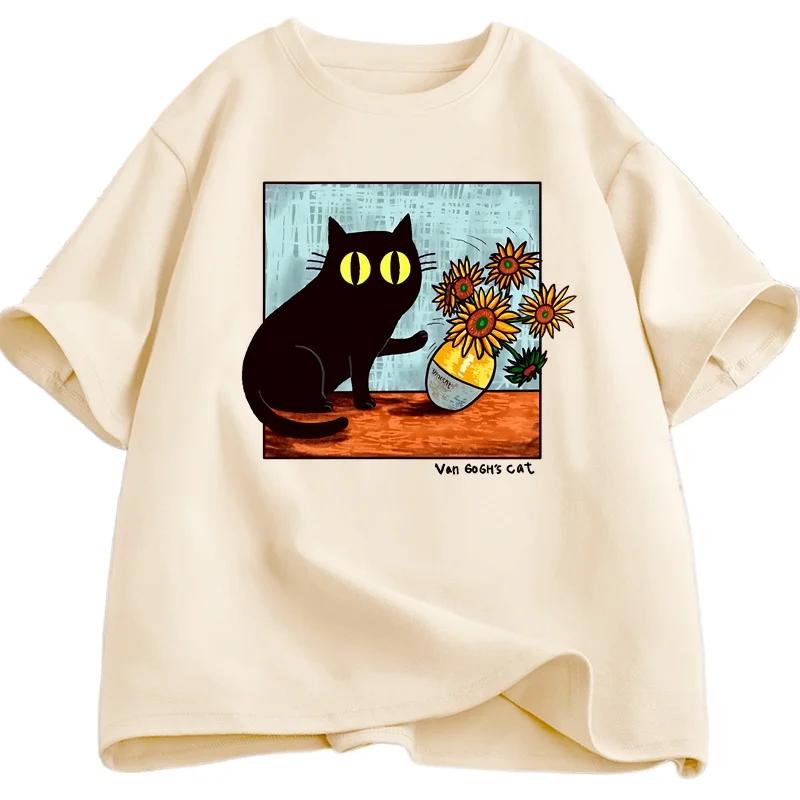 Van Gogh Cat Graphic T Shirts Men Women Flower Black Cat T-shirt Round Neck Short Sleeve Trendy Tee Shirt Street Wear Summer