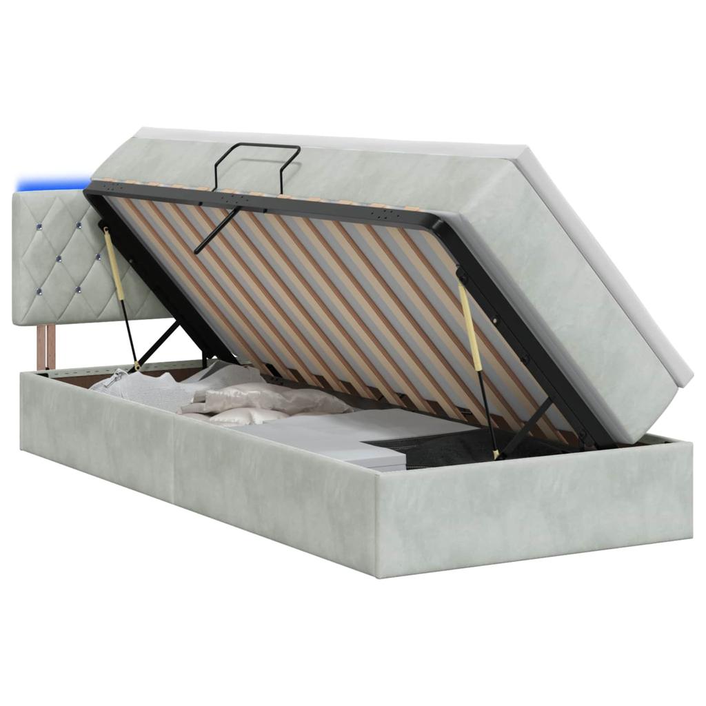 LED Storage Bed with Mattress Light Grey 90 X 200 Cm Velvet
