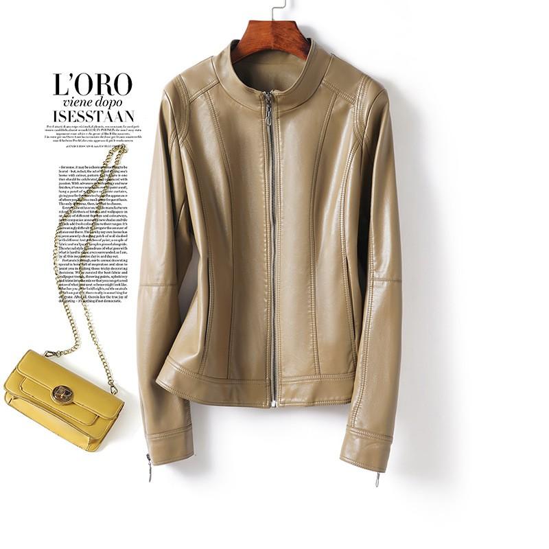 Womens Short Leather Jacket Stand Collar Slim Fit Winter Fall Coat Petite Ladies