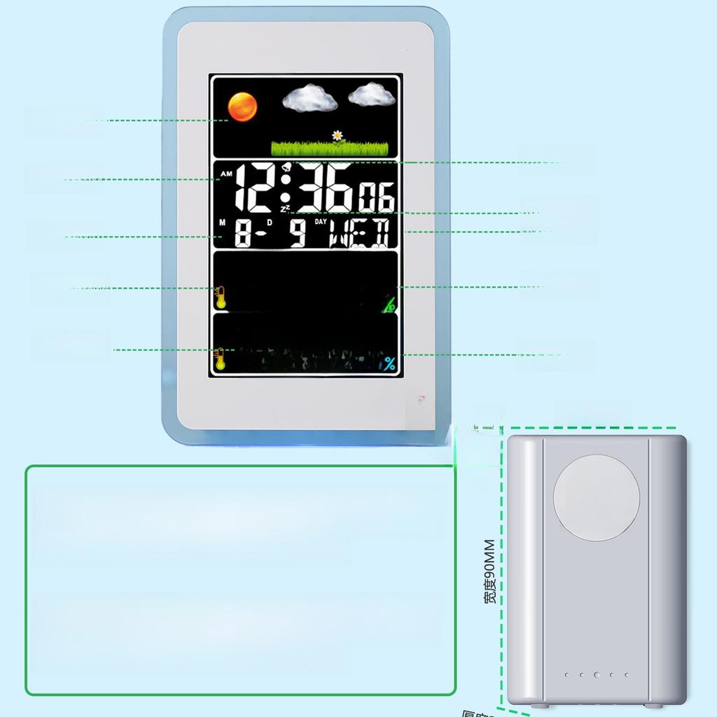"433MHz bezdrátové hodiny předpovědi počasí s barevným displejem, vnitřní/venkovní monitorování teploty a vlhkosti a duální alarm"