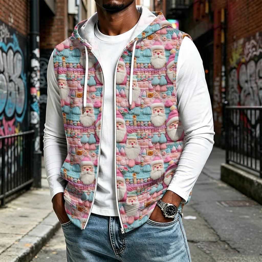 Gilet da uomo casual con cappuccio, senza maniche, con zip e stampa natalizia per feste di festa