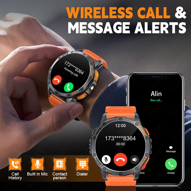 Outdoor GPS Smartwatch Herren Taschenlampe 1,43'' AMOLED Bildschirm Sportuhr 530mAh Großer Akku Kompass Höhenmesser Smartwatch