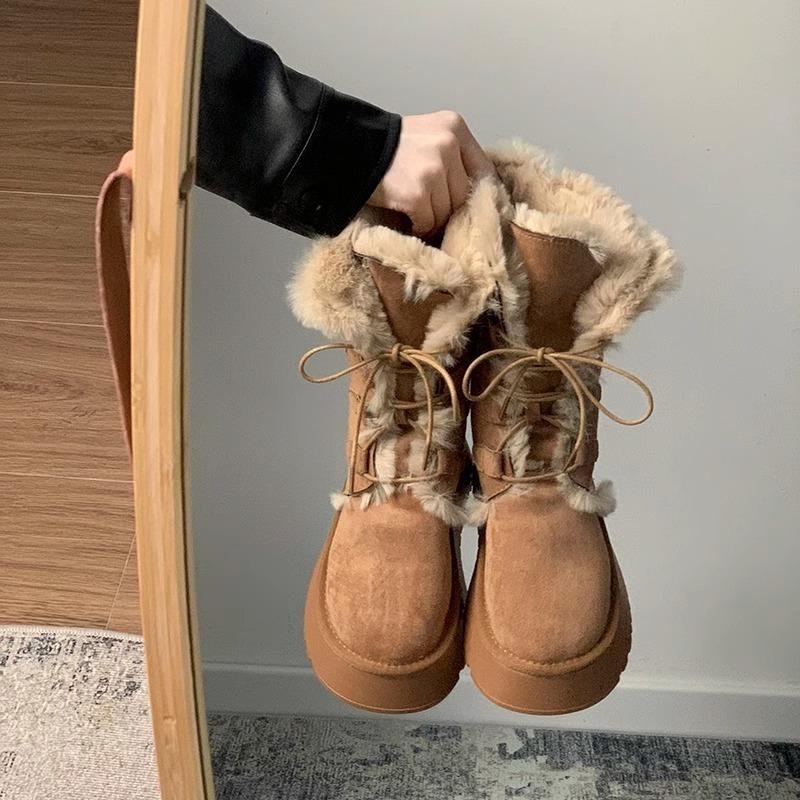 Qi Yan retro fur integrated warm snow boots women, winter thick-soled velvet thickened non-slip cotton shoes
