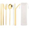 8Pcs/Set Portable Stainless Steel Dinnerware Set Travel Camping Spoon Fork Knife Chopsticks Straws Brush Tableware Flatware Set with Storage Bag