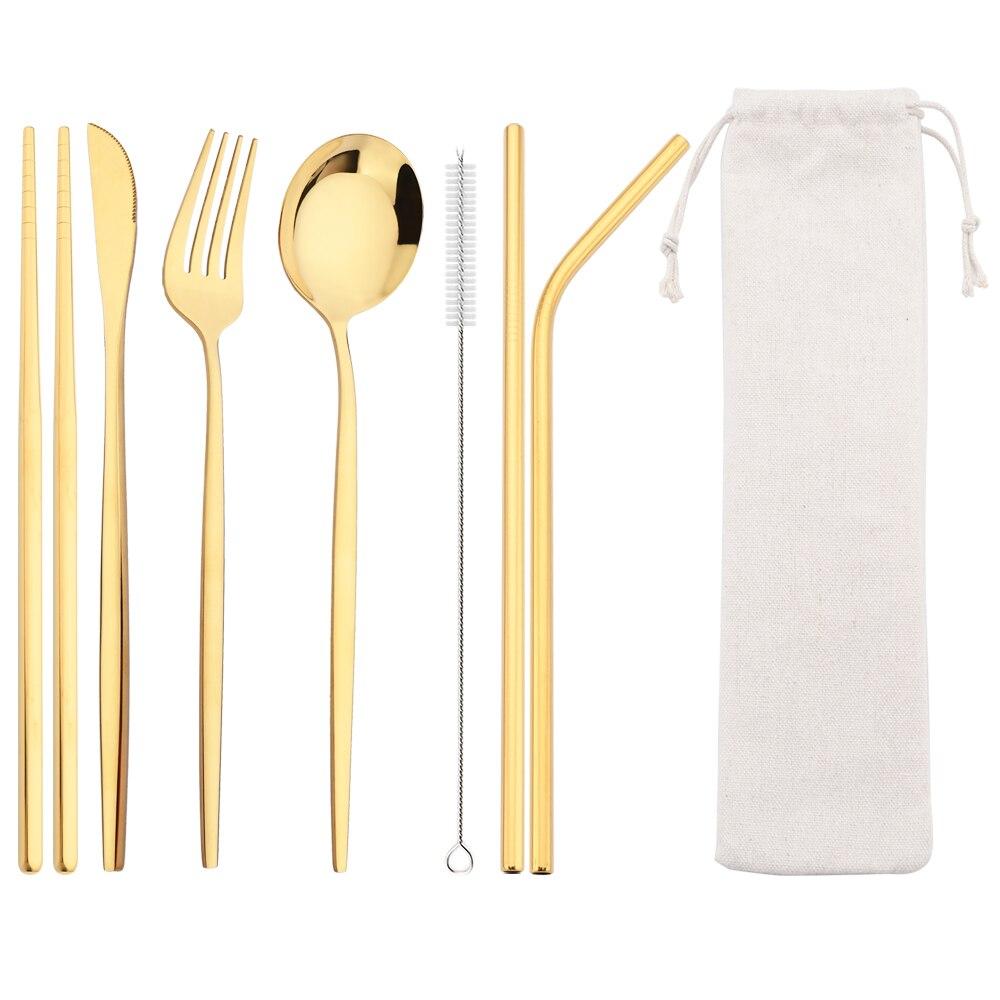 8Pcs/Set Portable Stainless Steel Dinnerware Set Travel Camping Spoon Fork Knife Chopsticks Straws Brush Tableware Flatware Set with Storage Bag