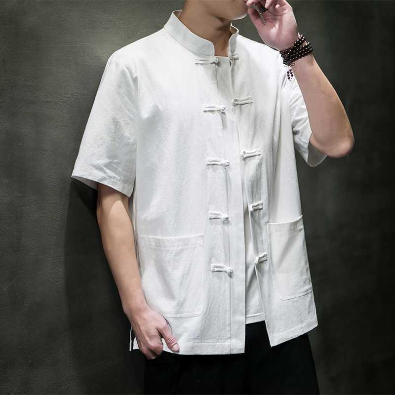 Men's Chinese Style Linen Shirt Short Sleeve Manin Collar Frog Button Casual Top