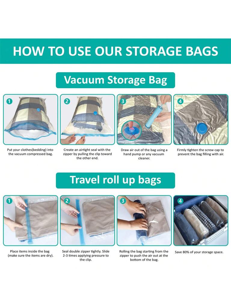15 Pack Vacuum Storage Bags Space Saver Vacuum Seal Bags for Clothing Compression for Travel Luggage Clothes with Hand Pump