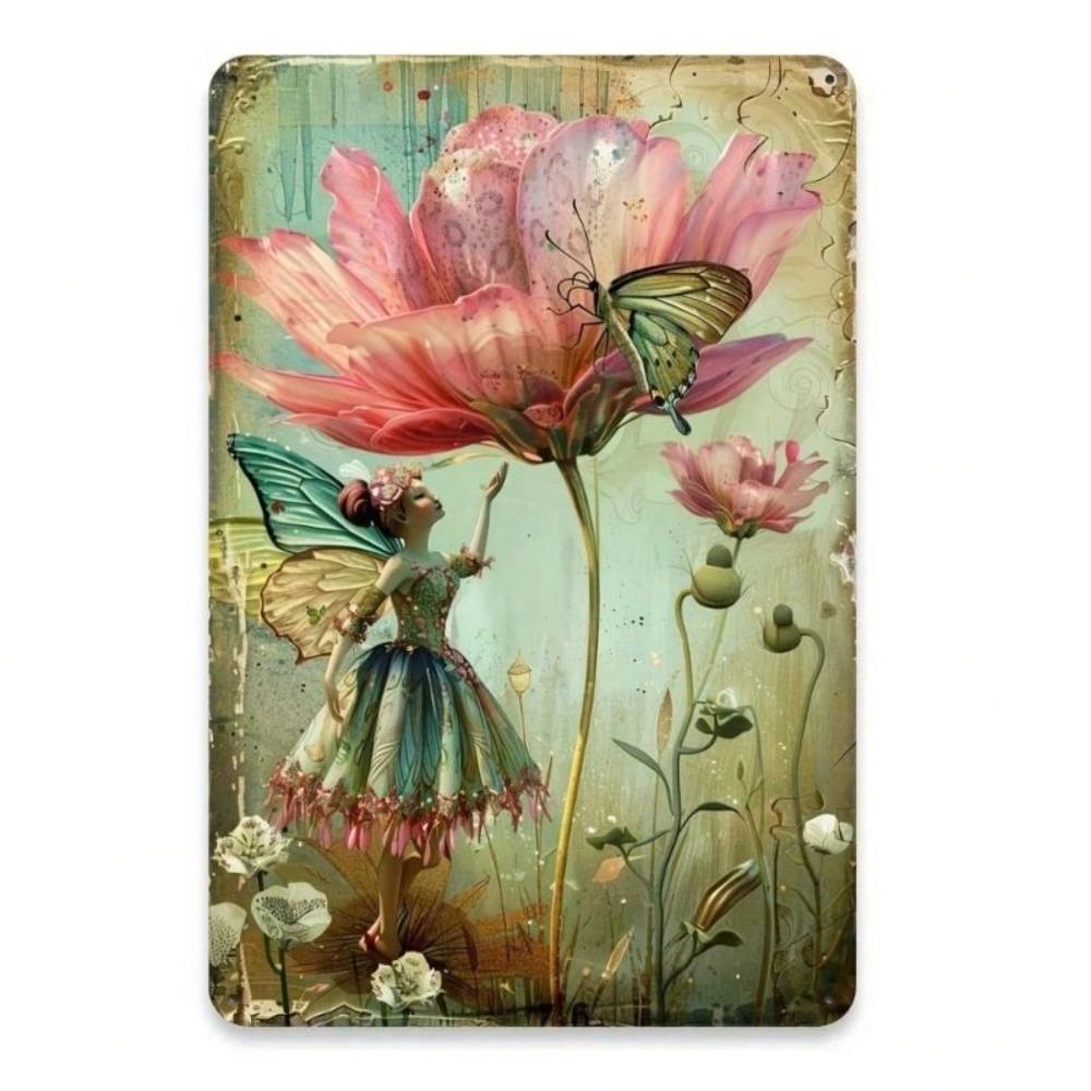 Vintage Fairy Butterfly Flower Metal Wall Art Sign