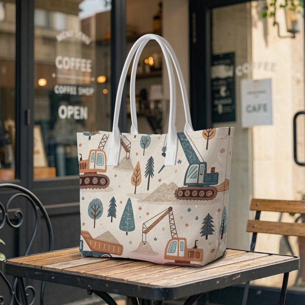 Cartoon Construction Truck Print Shoulder Bag Large Capacity Daily Handbag for Work Shopping