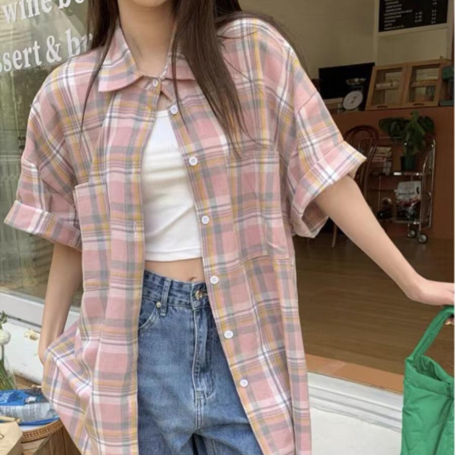 

Women s Retro Plaid Short-Sleeve Shirt - Hong Kong Style, Korean-Inspired, Casual & Versatile Summer Top XXL