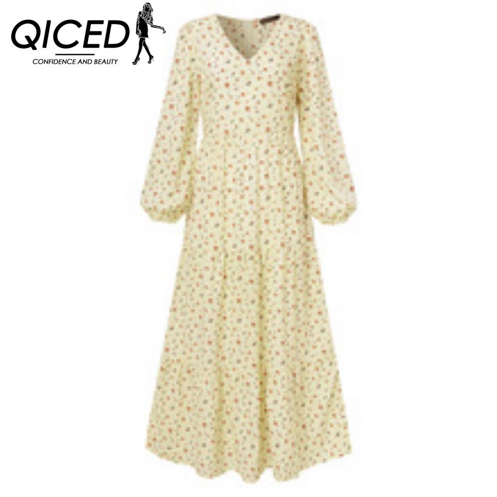 QICED Women's Ruffled Mini Floral Maxi Dress Long Sleeve V-Neck Casual Dresses