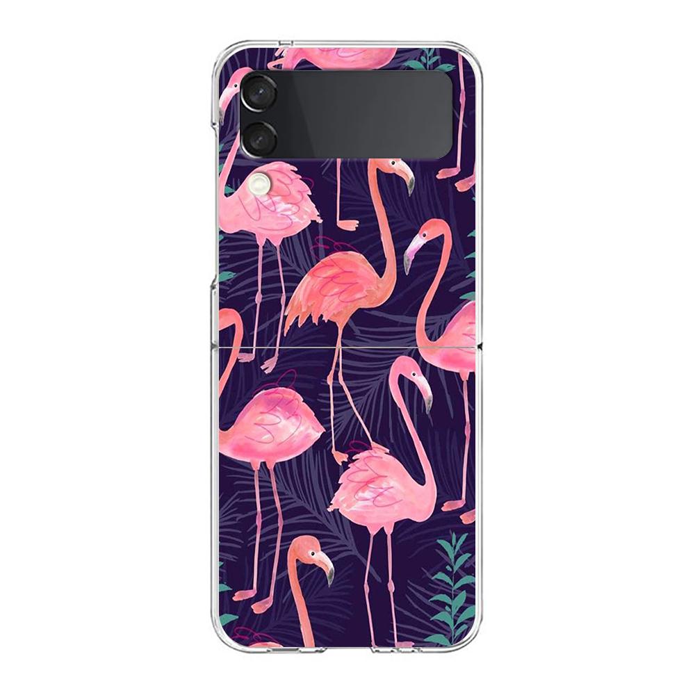 Phone Case For Samsung Galaxy Z Flip 3 4 5 Hard Folding Clear PC Bumper Lovely Pink Flamingos Leaf For Samsung Z Flip 6 Cover