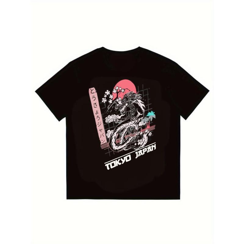 

Men s Black T-Shirt Tokyo Japan Dragon Cherry Blossom Graphic Print Casual Streetwear Summer Top XXXXL