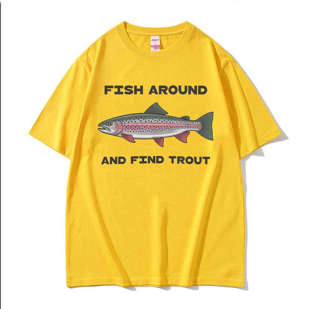 Fisch herum und finde Forellen Grafik T-Shirt Unisex Damen Mode Gothic Street T-Shirt Lässig Rundhals Kurzarm Heißer Verkauf T-Shirt