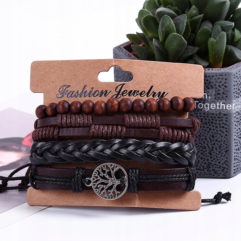 Herren Lederarmband, Öko-Leder Set, Set aus 4 Stück, Lebensbaum, Vintage