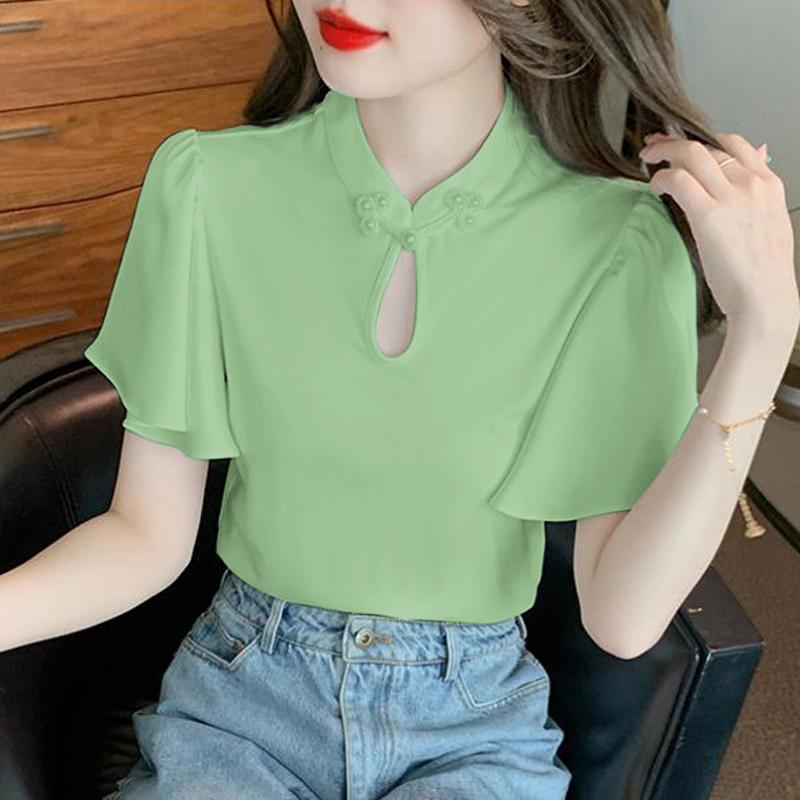 

VONDA Женская повседневная свободная блузка с воротником-стойкой и коротким рукавом 2XL зелёный